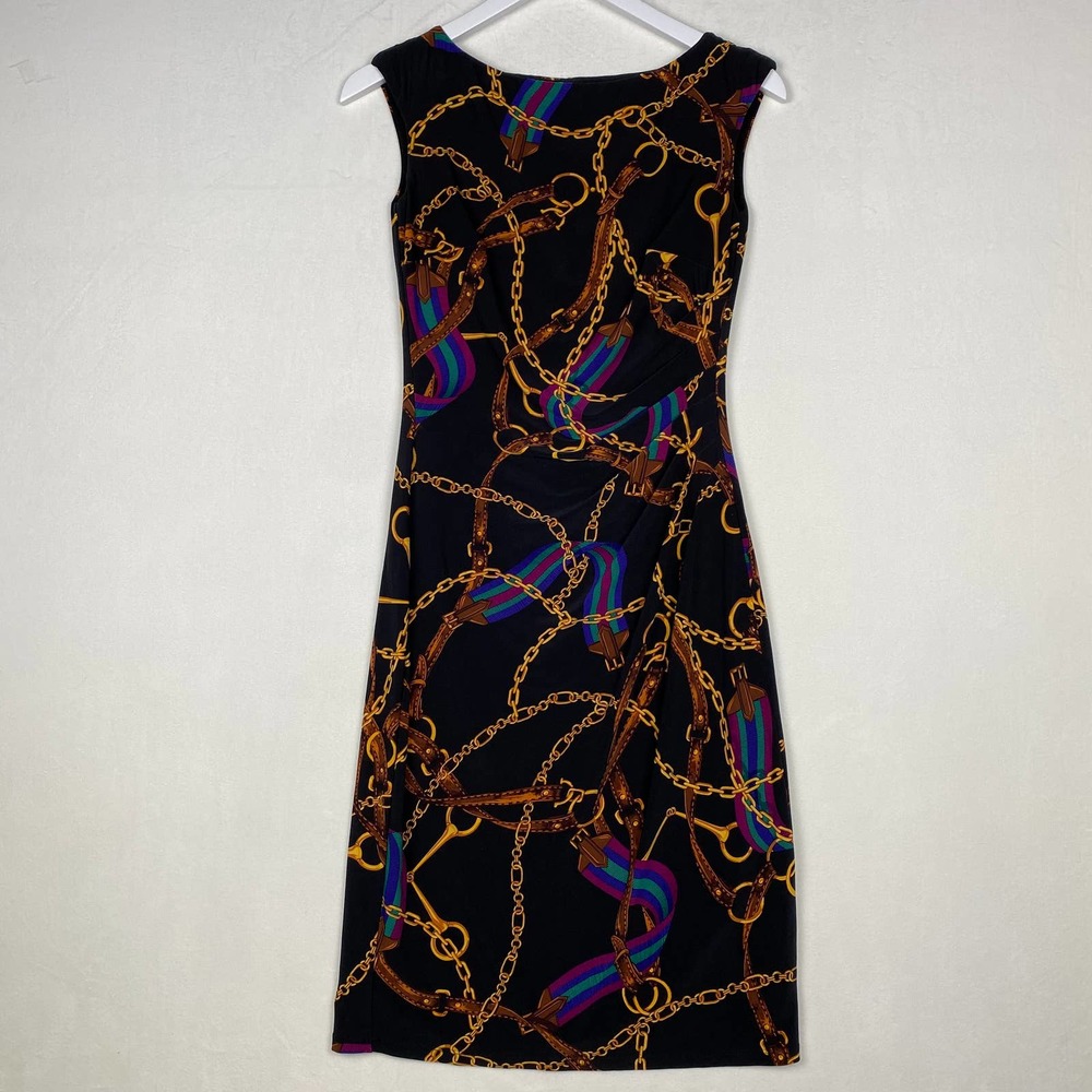 Ralph Lauren Women's 2 Gold Chain Belts Printed Sleeveless Black Dress